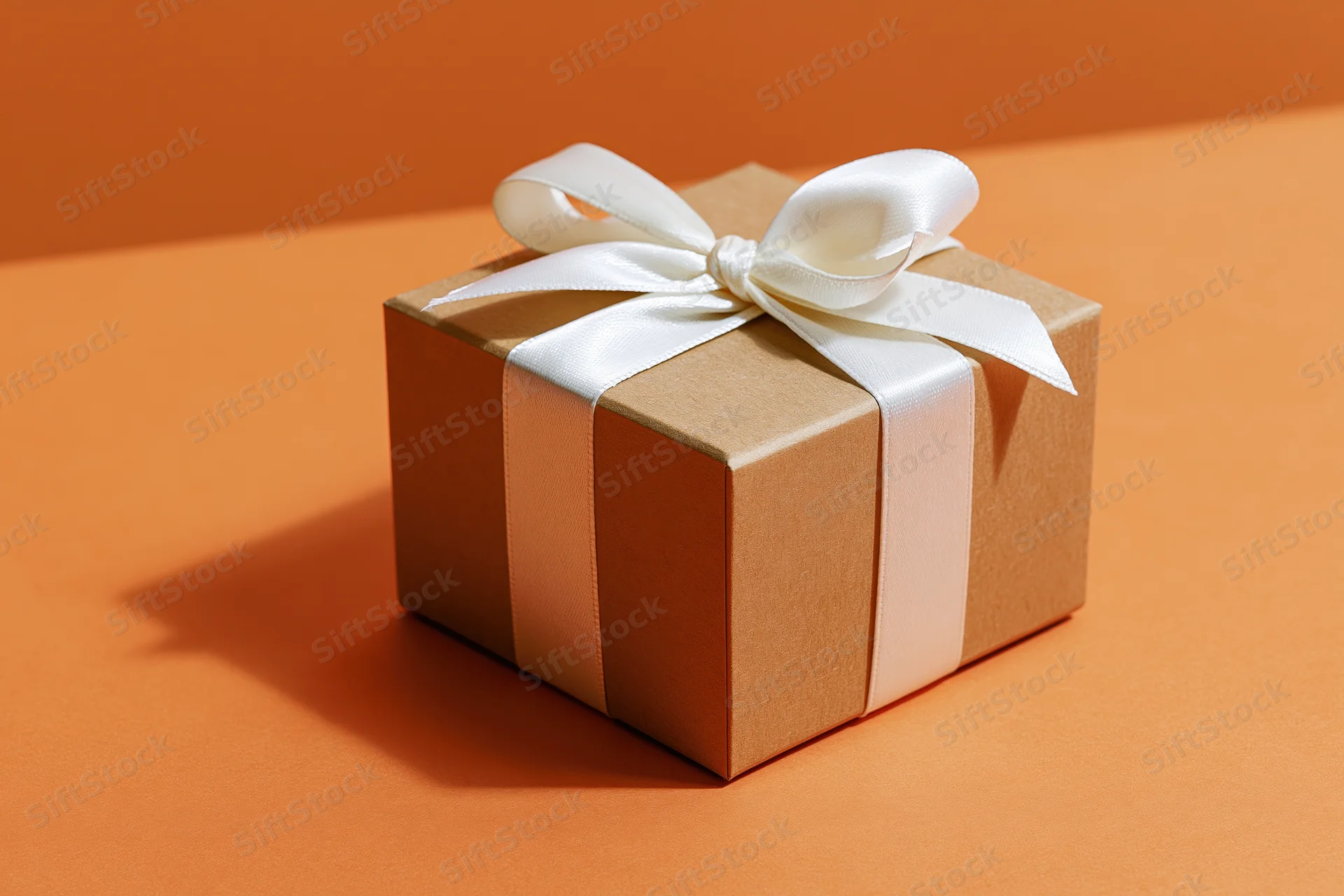 Small kraft cardboard gift box tied with white satin ribbon on orange surface