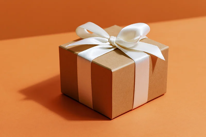 Small kraft cardboard gift box tied with white satin ribbon on orange surface