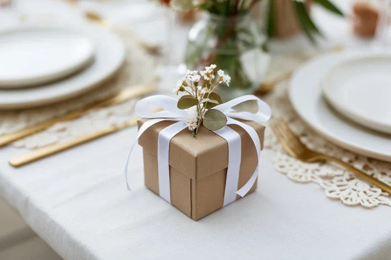Small kraft paper gift box tied with white ribbon and eucalyptus on a wedding table setting