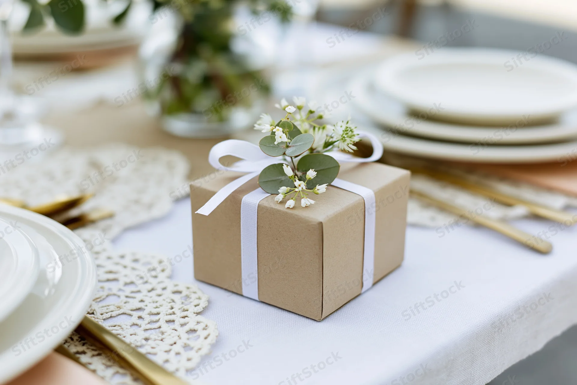 Small kraft paper gift box tied with white ribbon and eucalyptus flowers on a wedding table setting