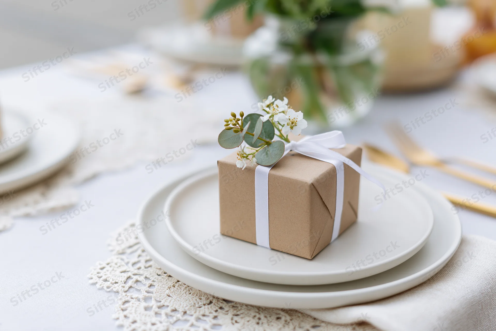 Small kraft paper gift box tied with white ribbon and eucalyptus flower on stacked white plates at a table setting