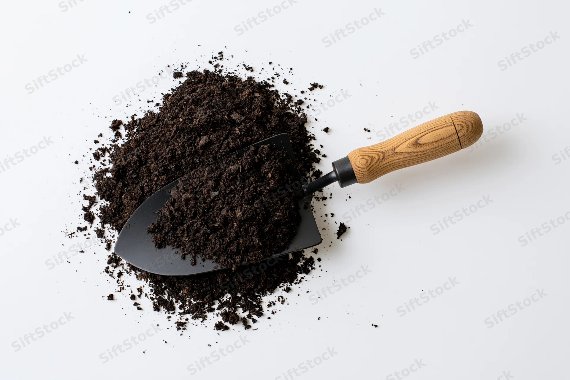Garden trowel with wooden handle resting on pile of dark soil against white background