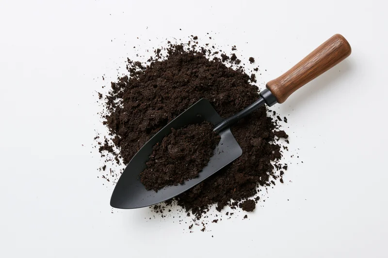 Black metal trowel with wooden handle resting on a pile of dark soil against white background