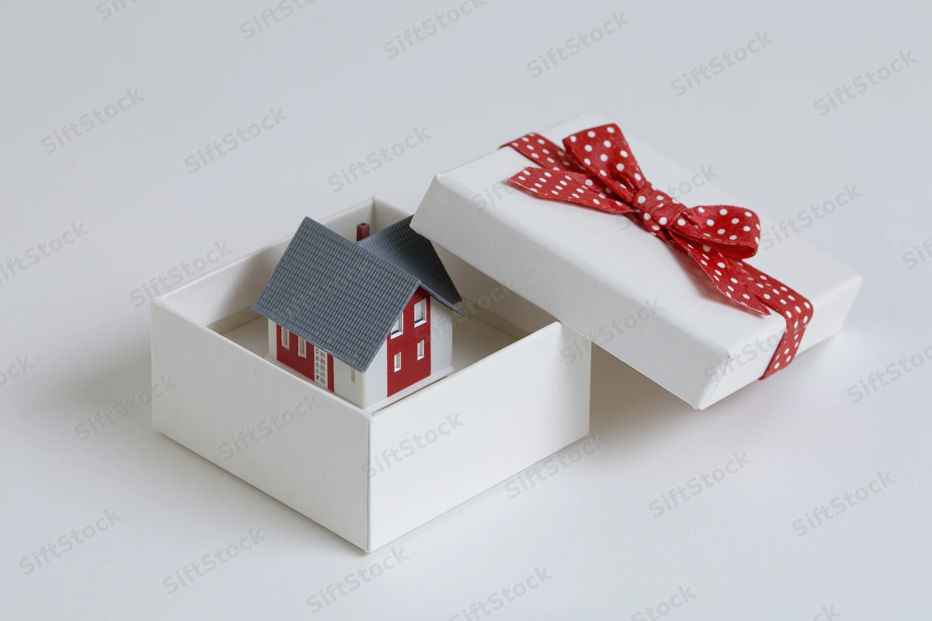 Miniature house model inside open gift box with red polka dot ribbon on white background