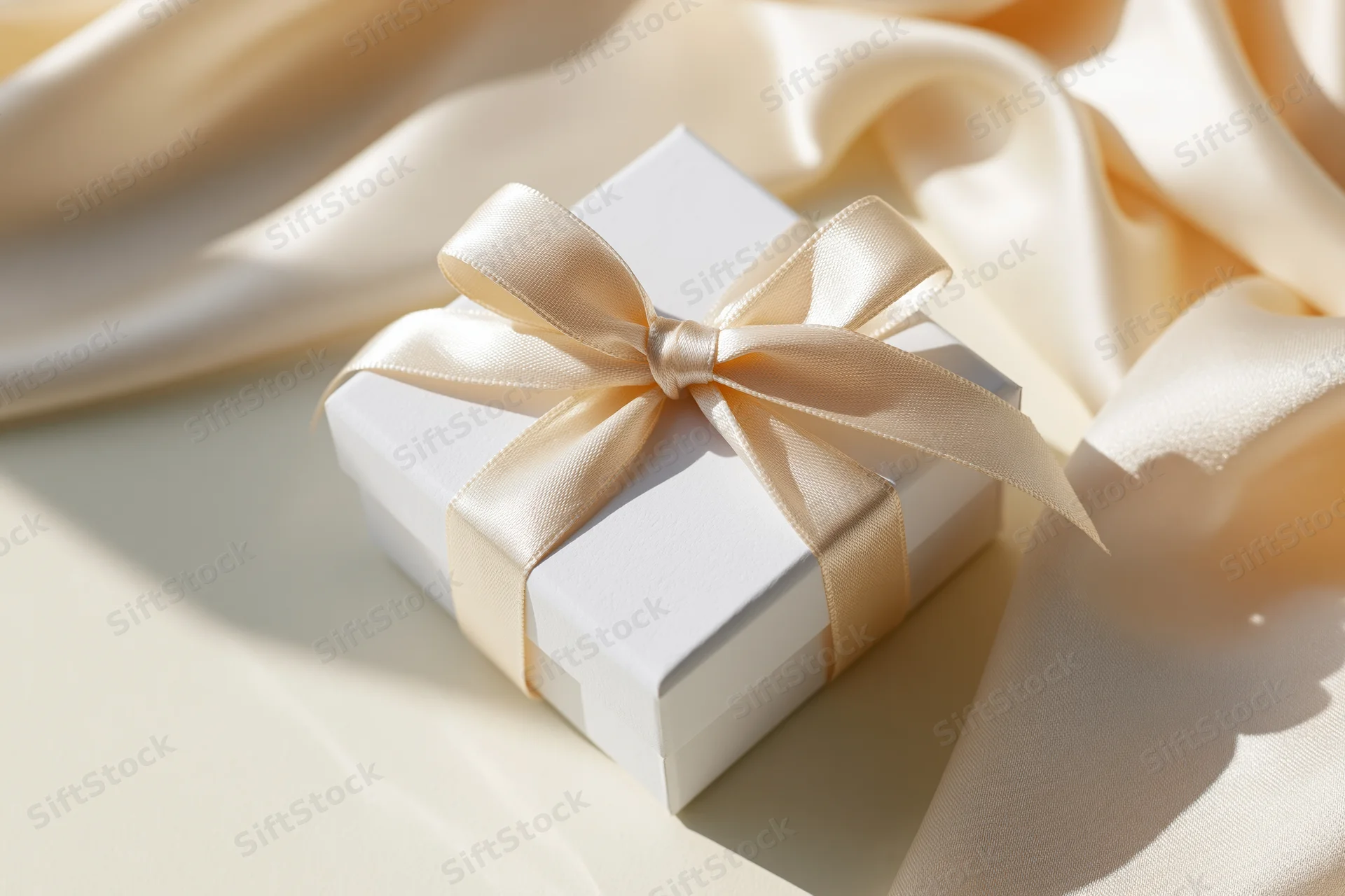 Small white gift box tied with champagne satin ribbon on soft fabric surface