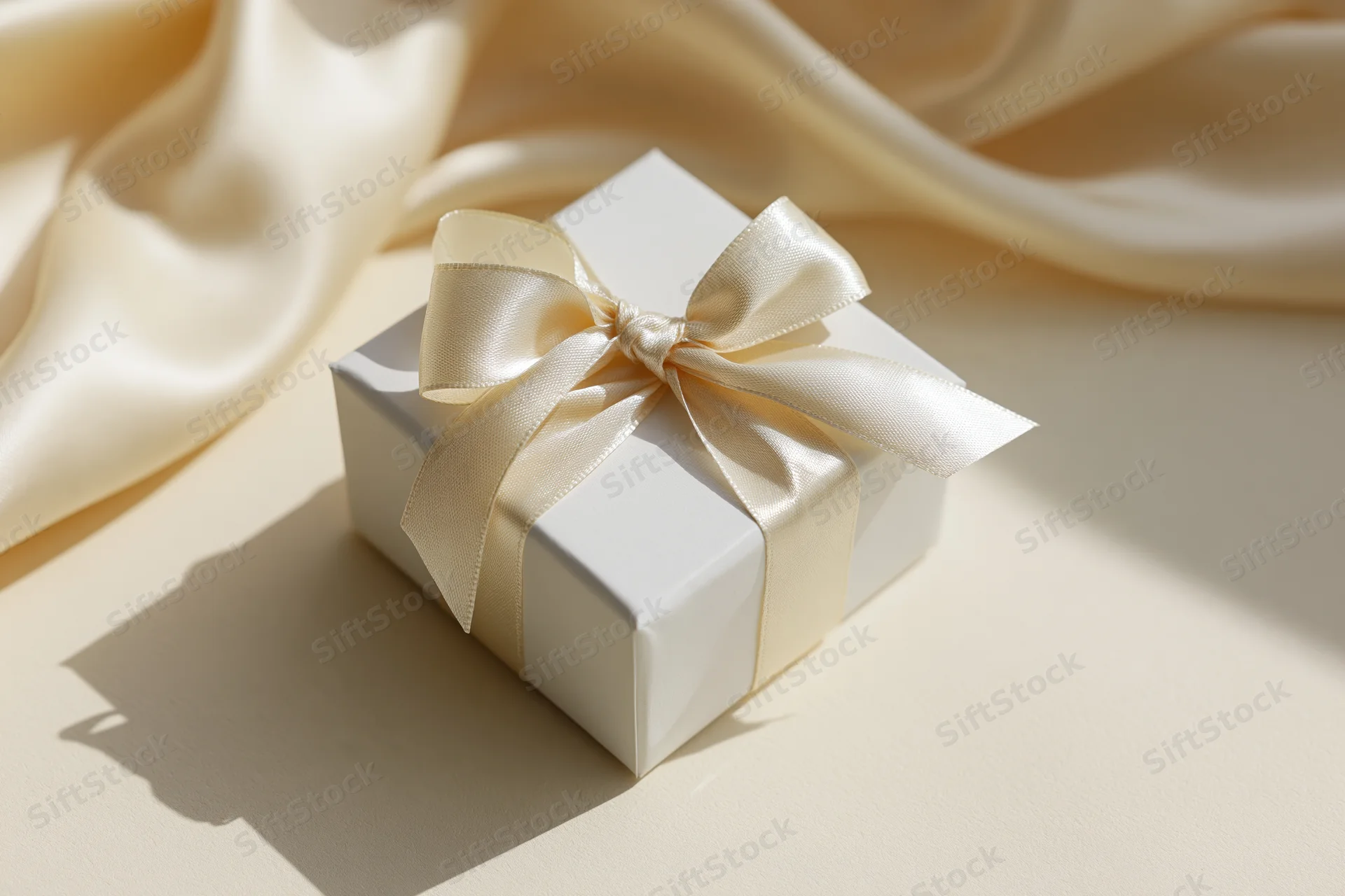 Small white gift box tied with pale champagne satin ribbon on cream fabric surface