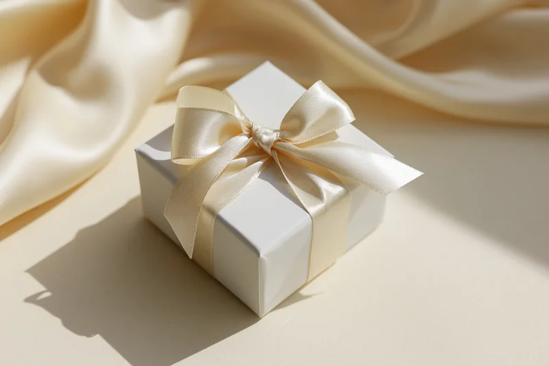 Small white gift box tied with pale champagne satin ribbon on cream fabric surface