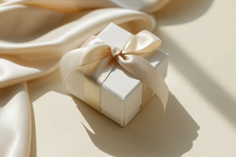 Small white gift box tied with champagne satin ribbon on a soft fabric surface