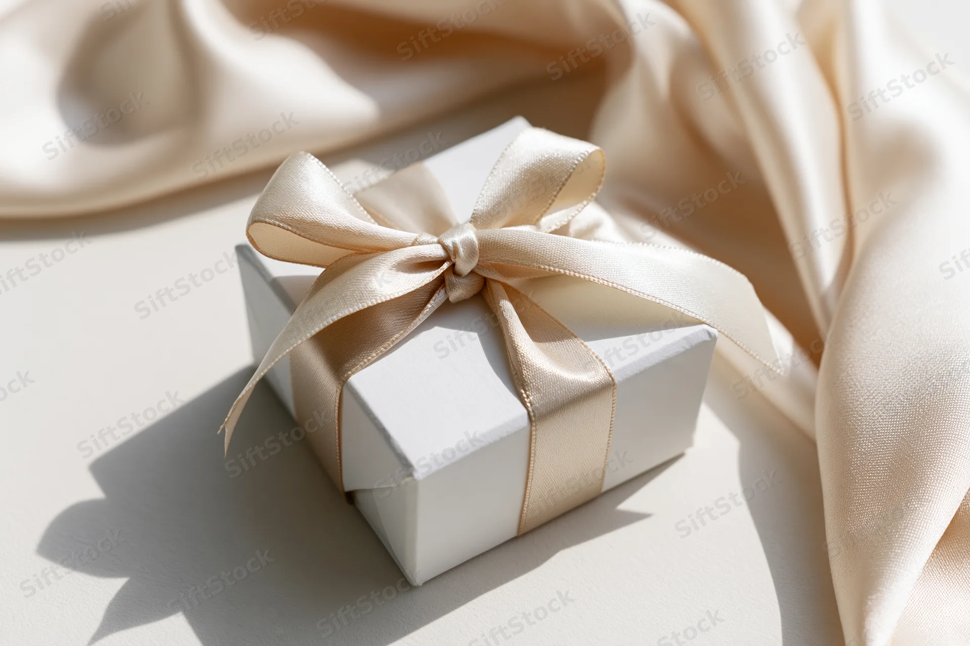 Small white gift box tied with champagne satin ribbon on soft fabric surface