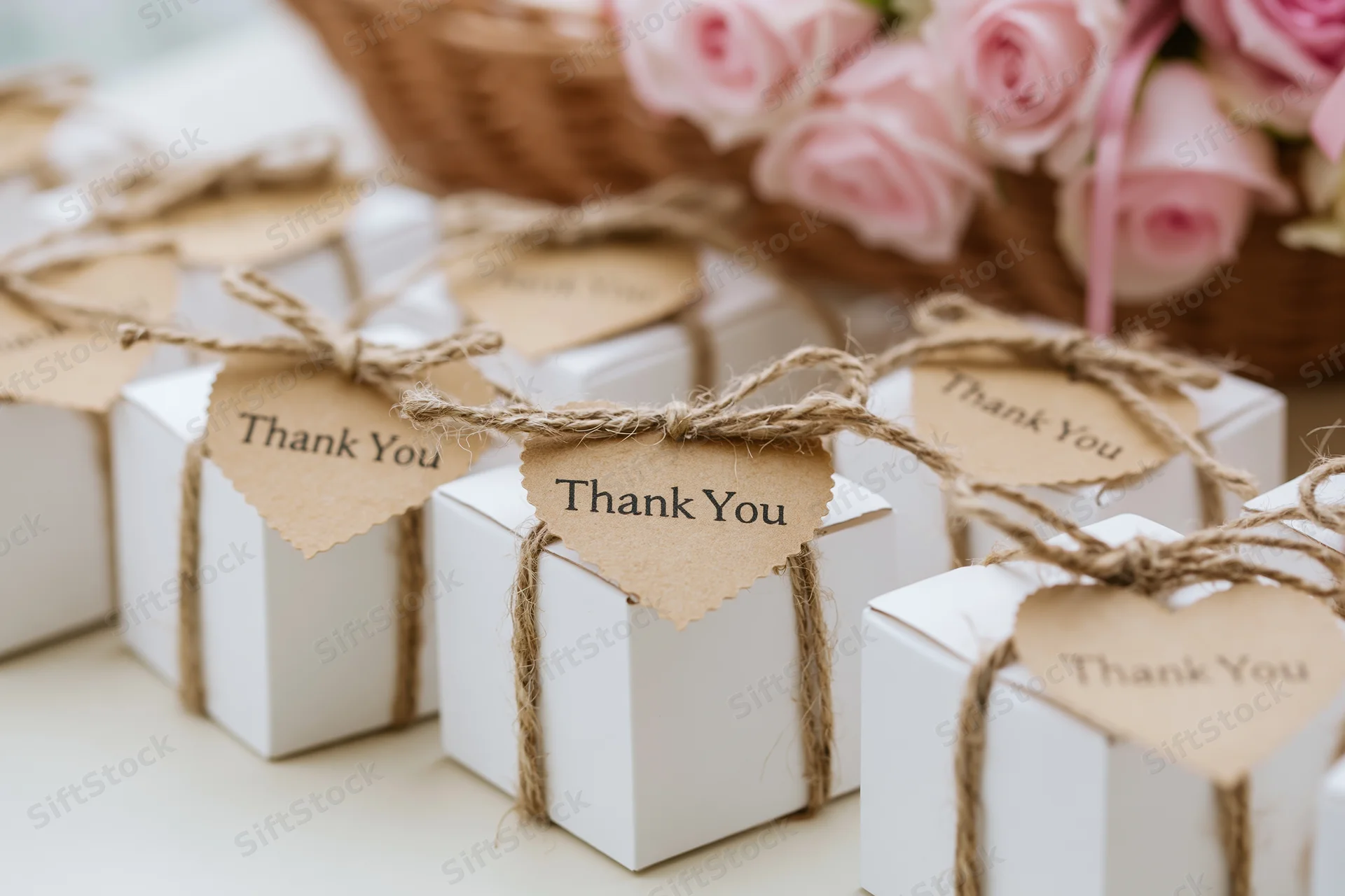 Small white gift boxes tied with rustic twine and kraft paper tags reading thank you on a table near pink roses in a wicker basket