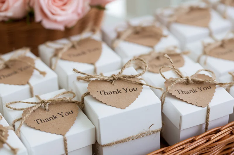 Small white gift boxes tied with rustic twine and kraft paper tags arranged in a wicker basket with pink roses nearby