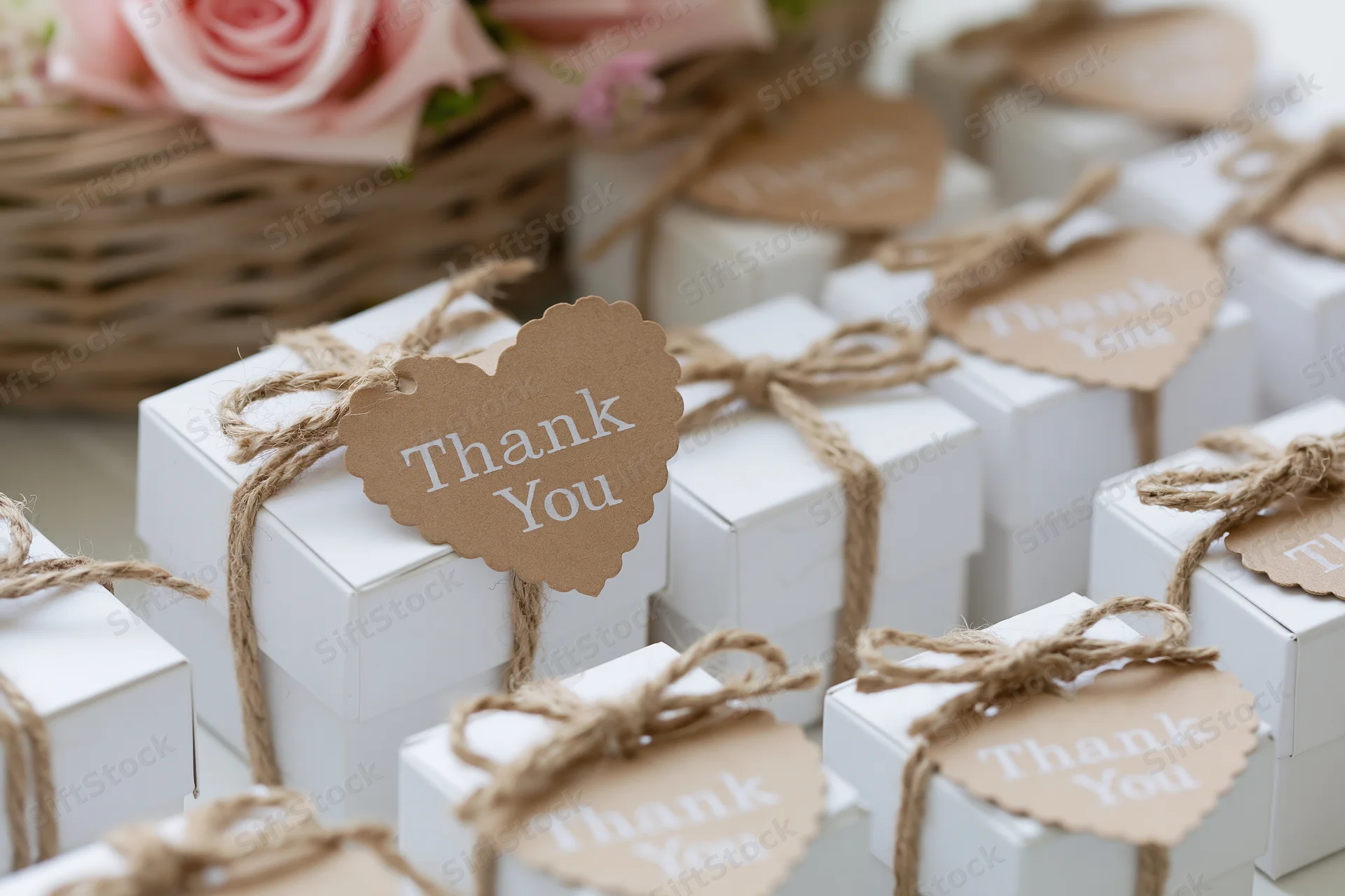Small white gift boxes tied with rustic twine and kraft paper heart tags reading thank you arranged for a wedding or party favor display