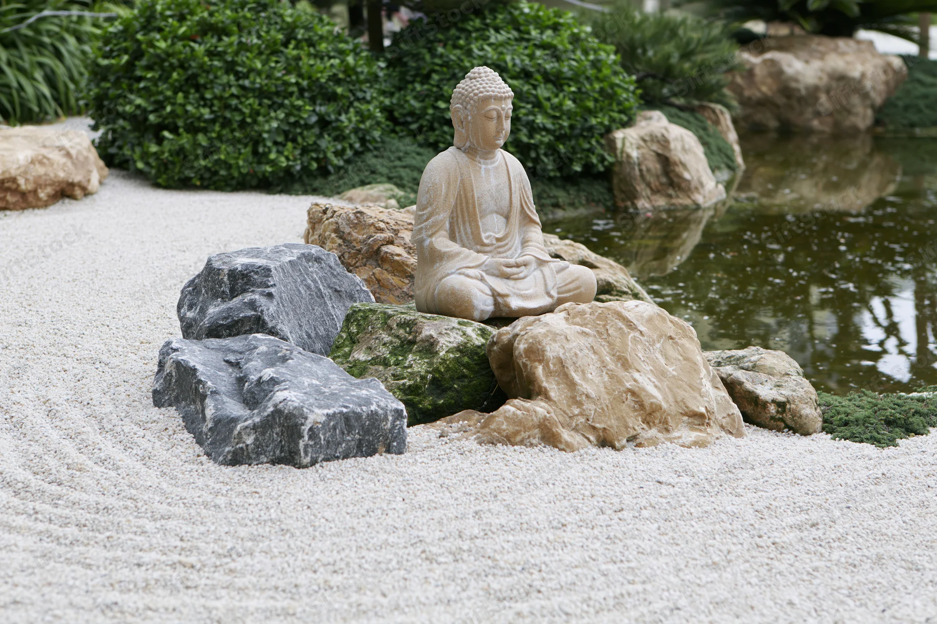Stone buddha statue seated on rocks in a raked gravel zen garden with water and greenery