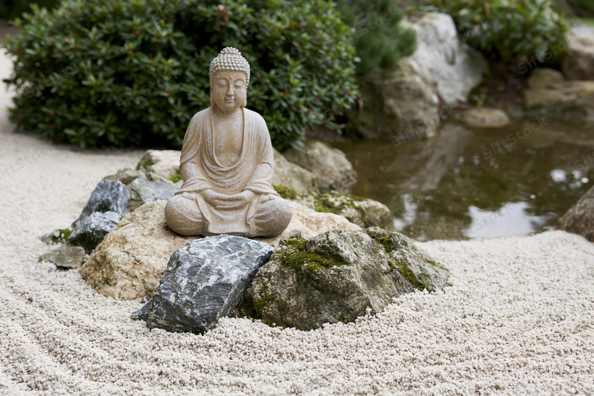 Stone buddha statue seated on rocks in a raked gravel zen garden with water and greenery