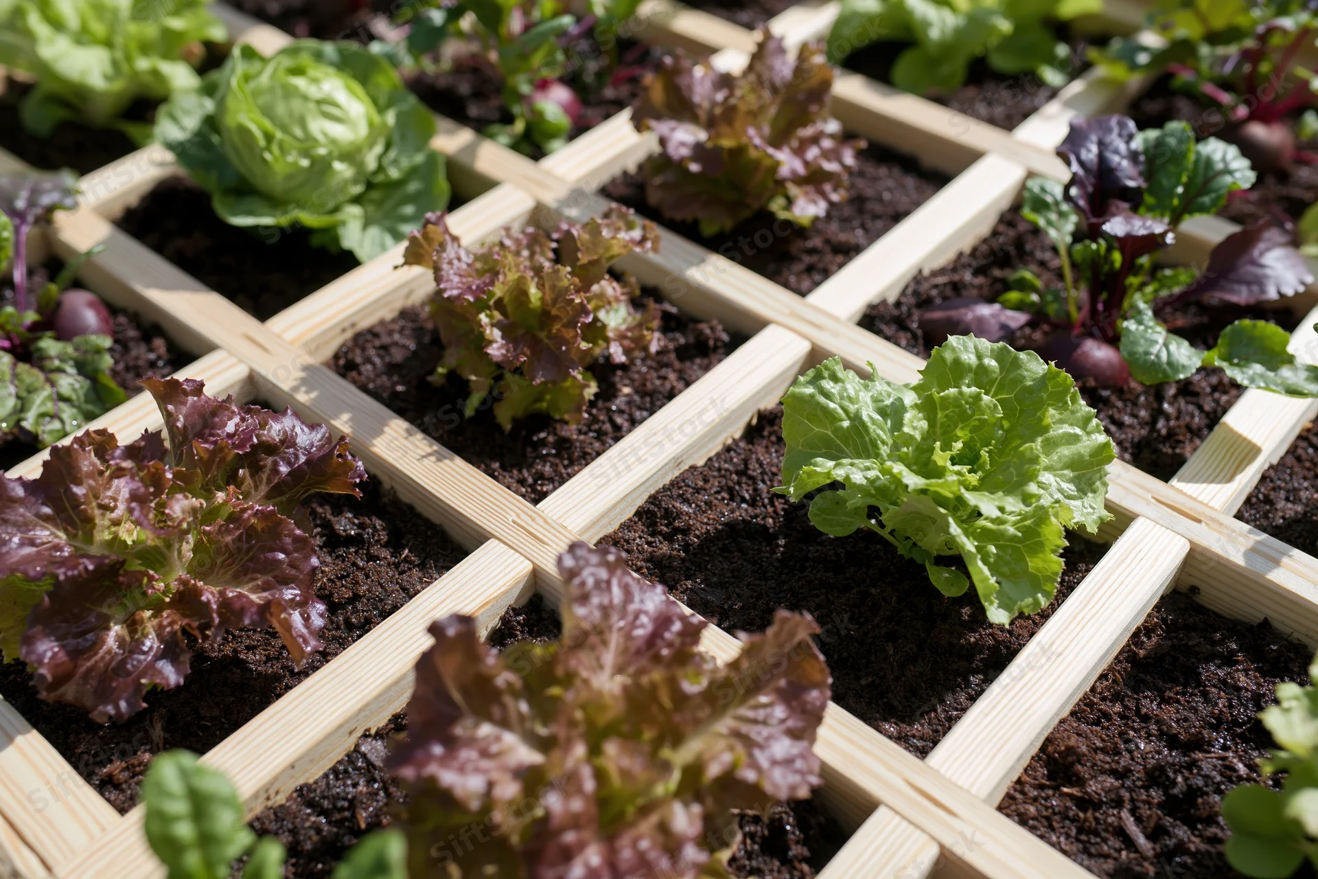 Square foot garden bed with wooden grid dividers growing lettuce and other leafy vegetables in soil