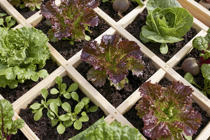 Square foot garden bed with wooden grid dividers growing various lettuce and leafy greens in rich soil