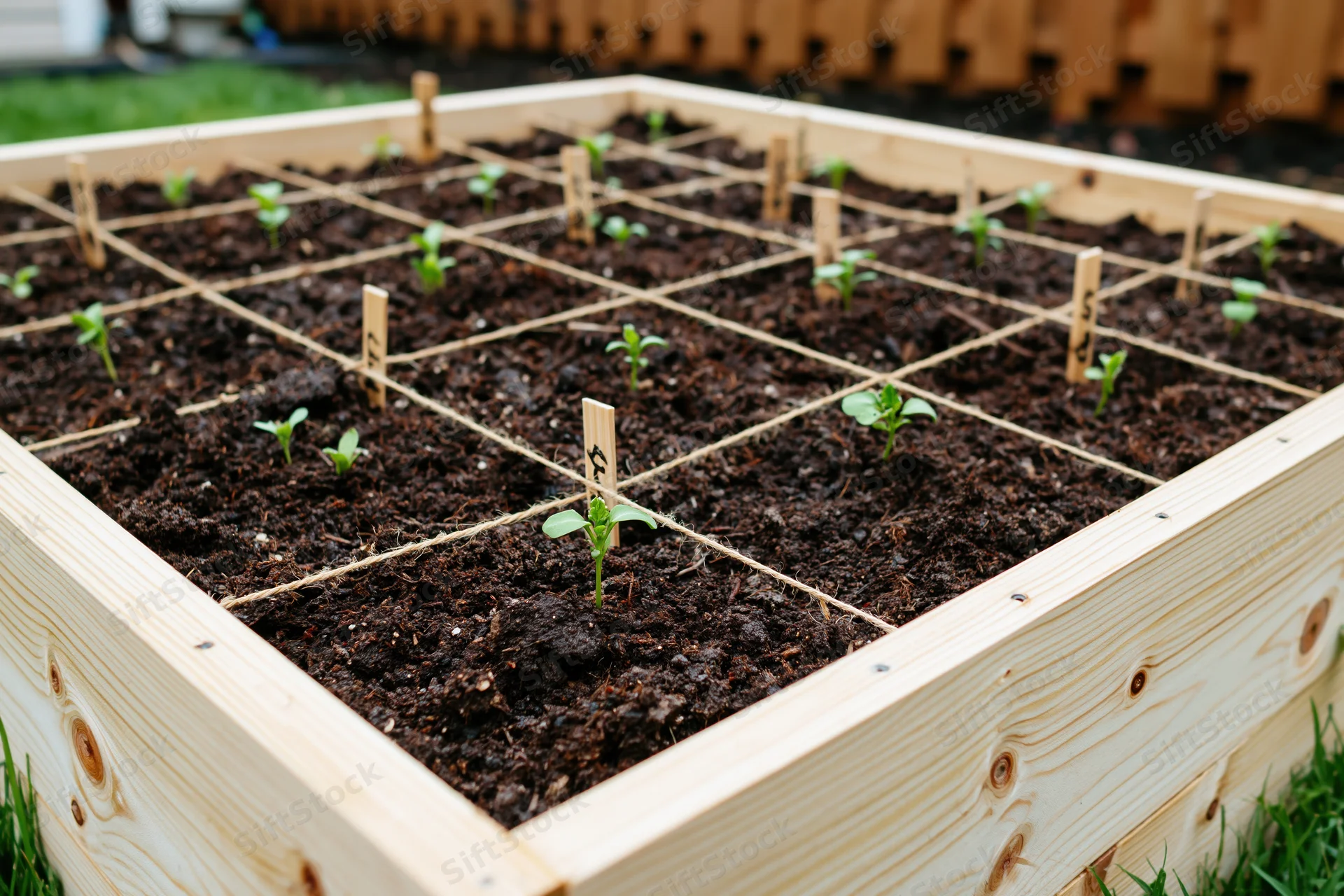 Square foot garden bed with seedlings arranged in grid pattern on dark soil in wooden frame outdoors