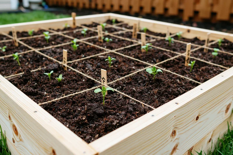 Square foot garden bed with seedlings arranged in grid pattern on dark soil in wooden frame outdoors