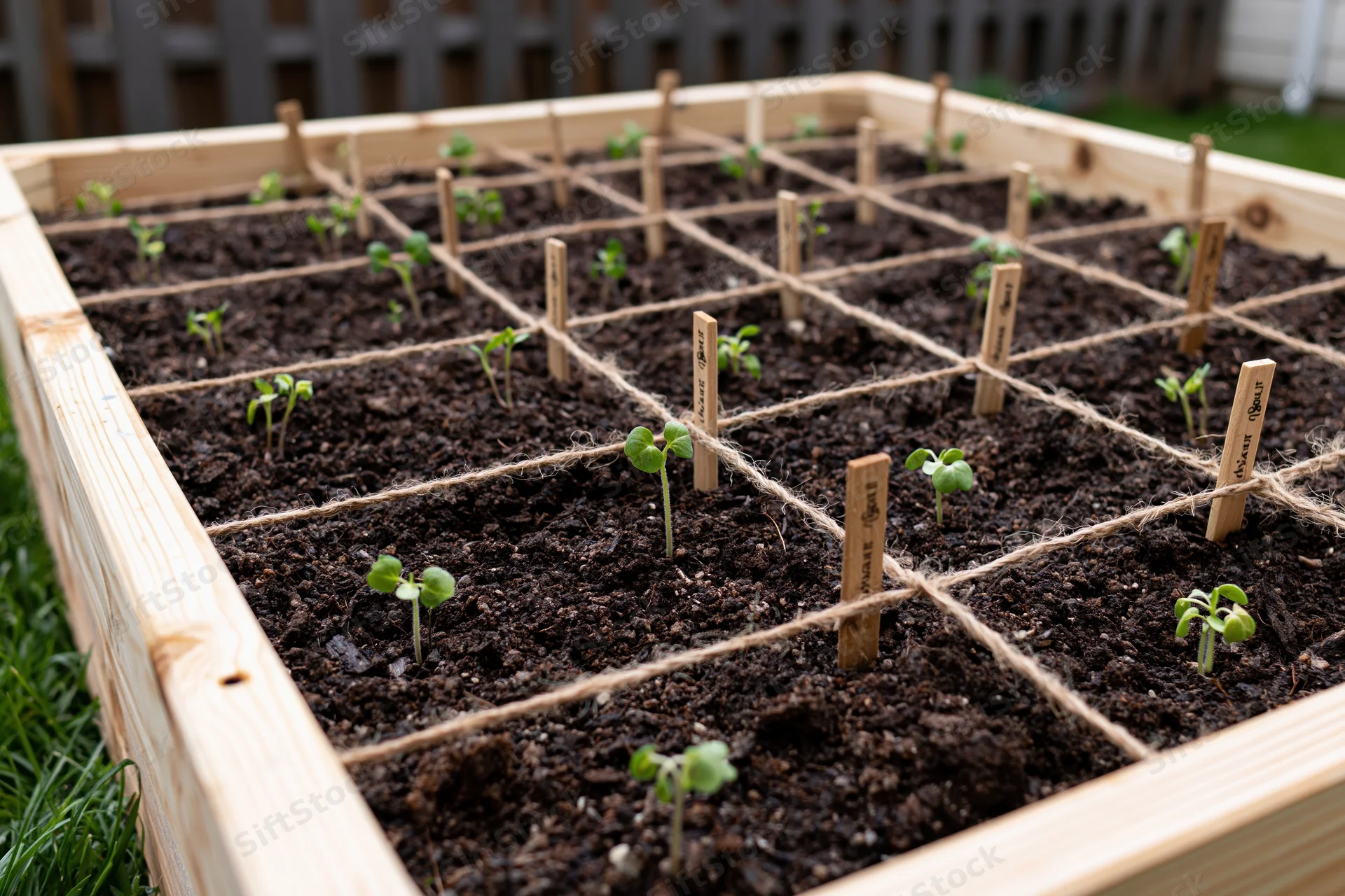 Square foot garden with seedlings in a raised wooden bed divided by twine grid and labeled markers