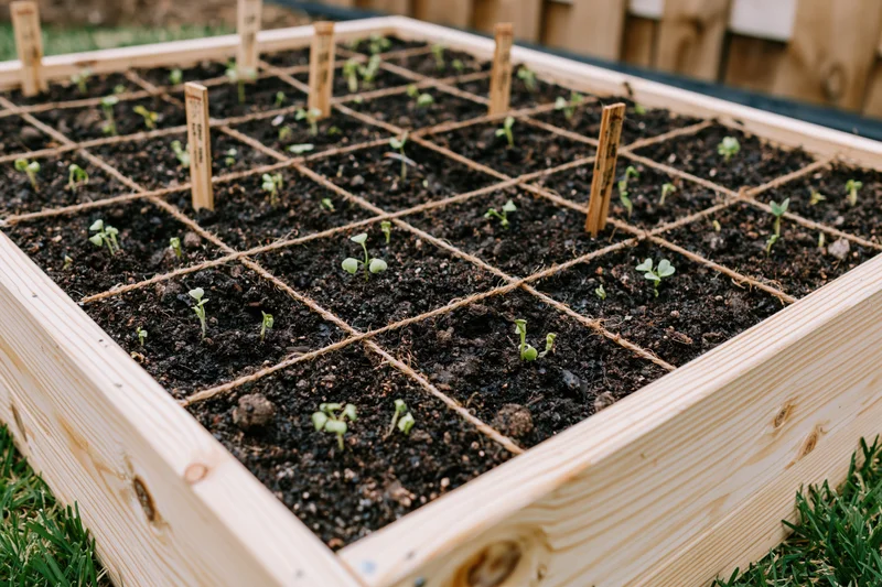 Square foot garden bed with seedlings arranged in grid pattern on dark soil in wooden frame outdoors