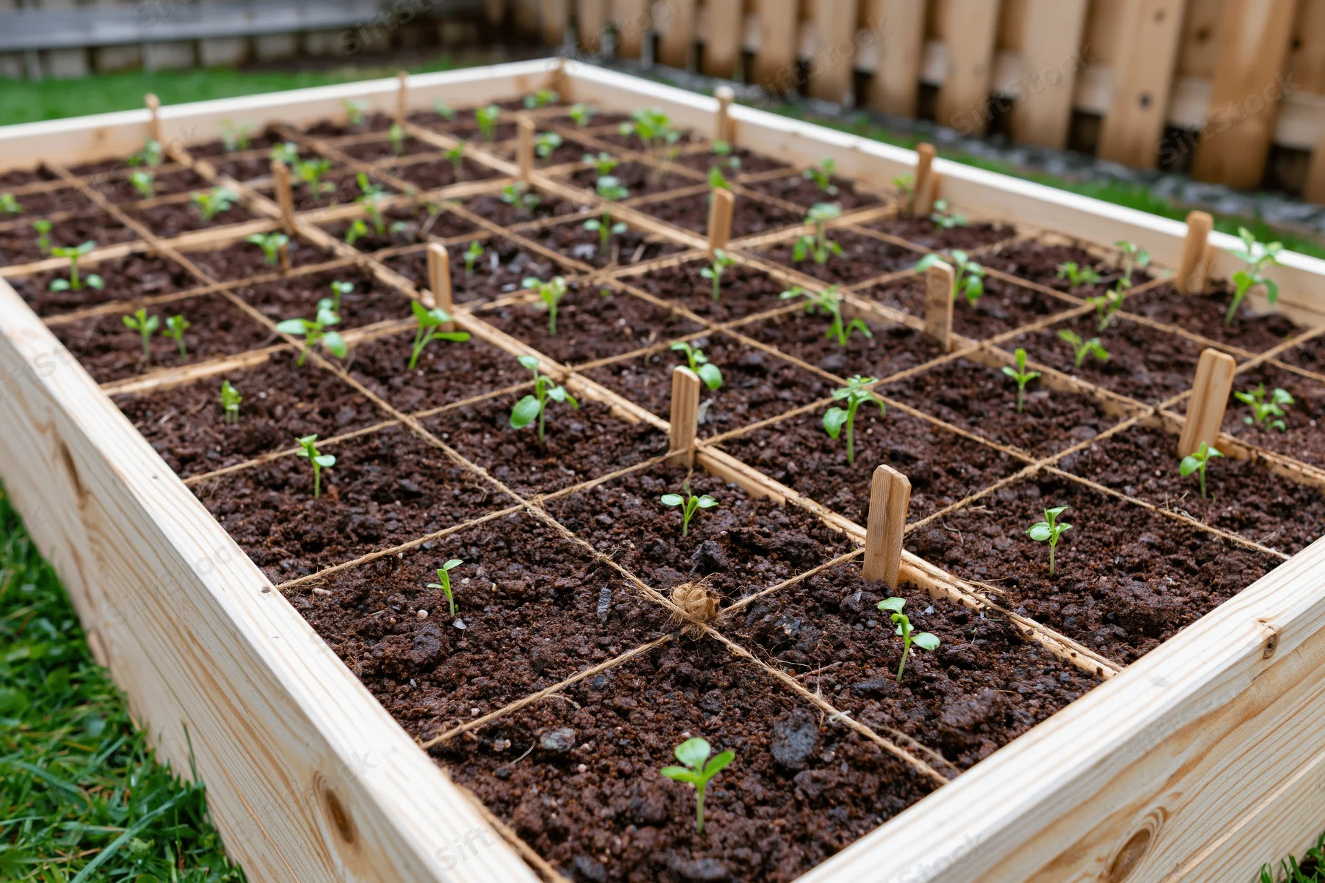 Square foot garden bed with young seedlings arranged in grid pattern on rich soil in backyard setting