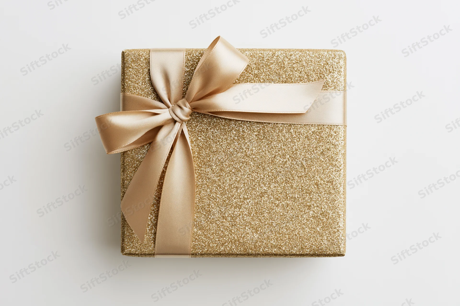 Square gift box wrapped in gold glitter paper with a satin ribbon bow on white background