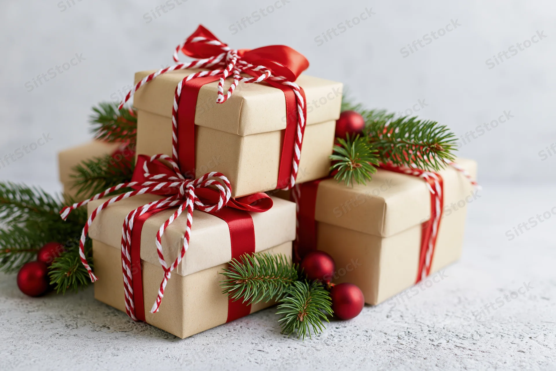 Stack of christmas gift boxes wrapped in kraft paper with red ribbon and pine sprigs on textured surface