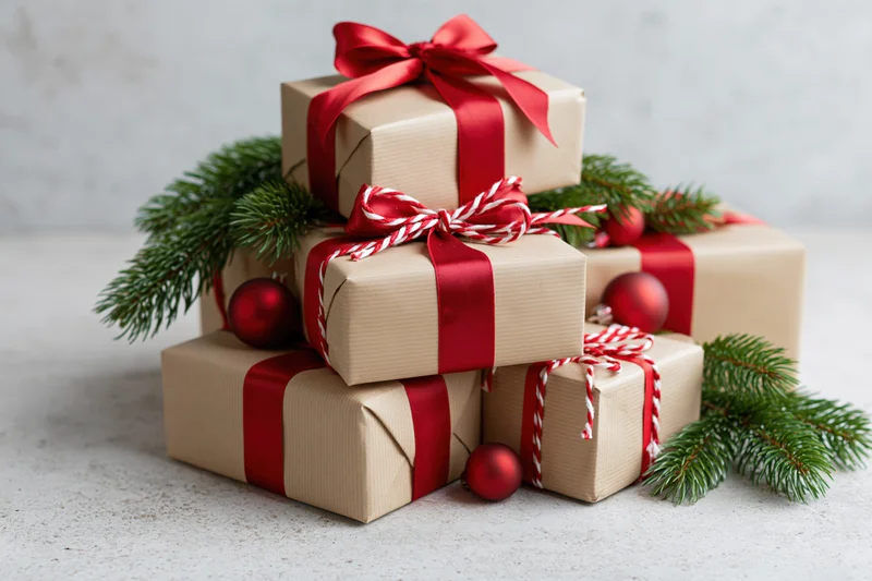 Stack of christmas gift boxes wrapped in kraft paper with red ribbons and pine branches on a light surface