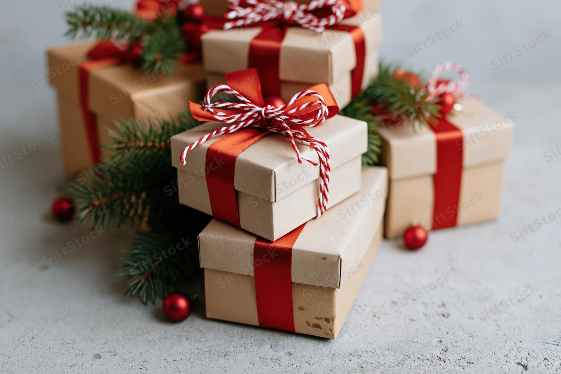Stack of christmas gift boxes wrapped in kraft paper with red ribbons and pine branches on a light surface