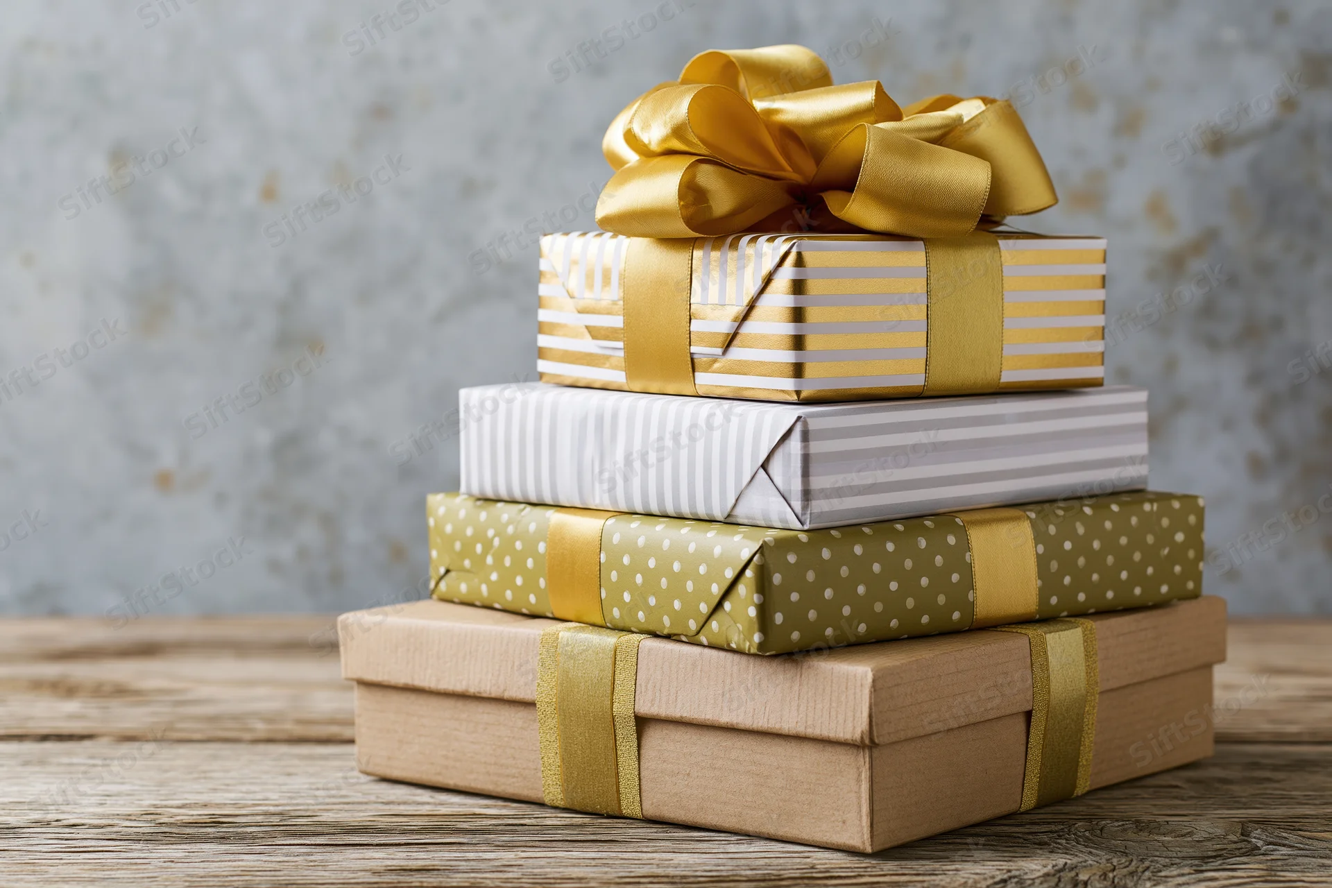 Stack of four wrapped gift boxes piled on a rustic wooden table