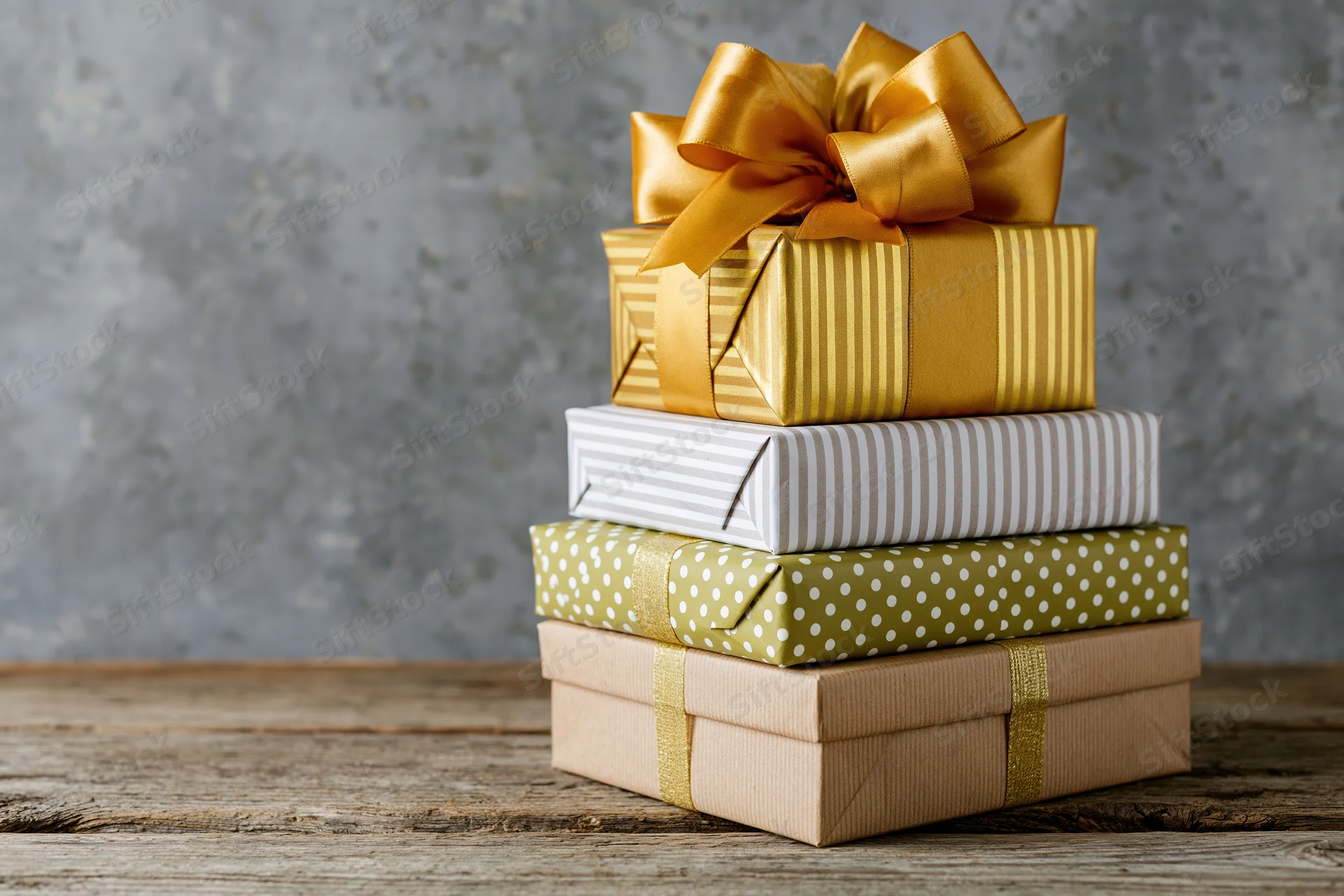 Stack of four wrapped gift boxes piled on a rustic wooden table