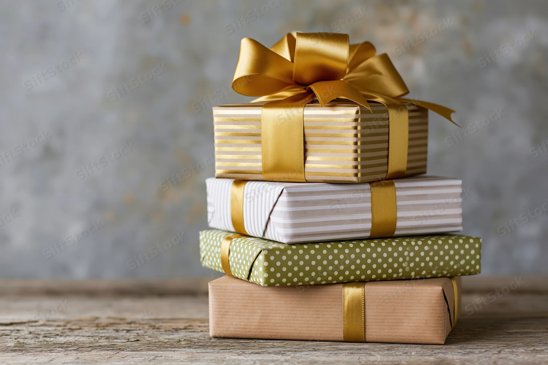 Stack of four wrapped gift boxes piled on a rustic wooden table