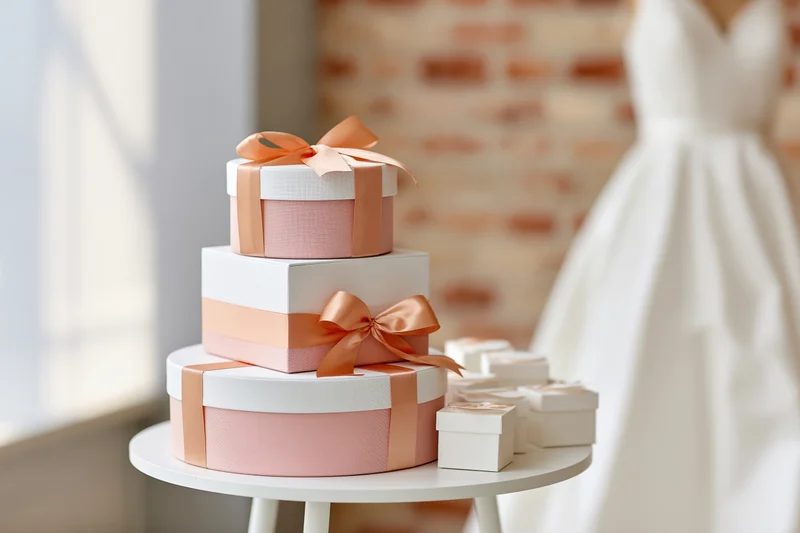 Stack of blush pink and white gift boxes with ribbons on a table beside a wedding dress