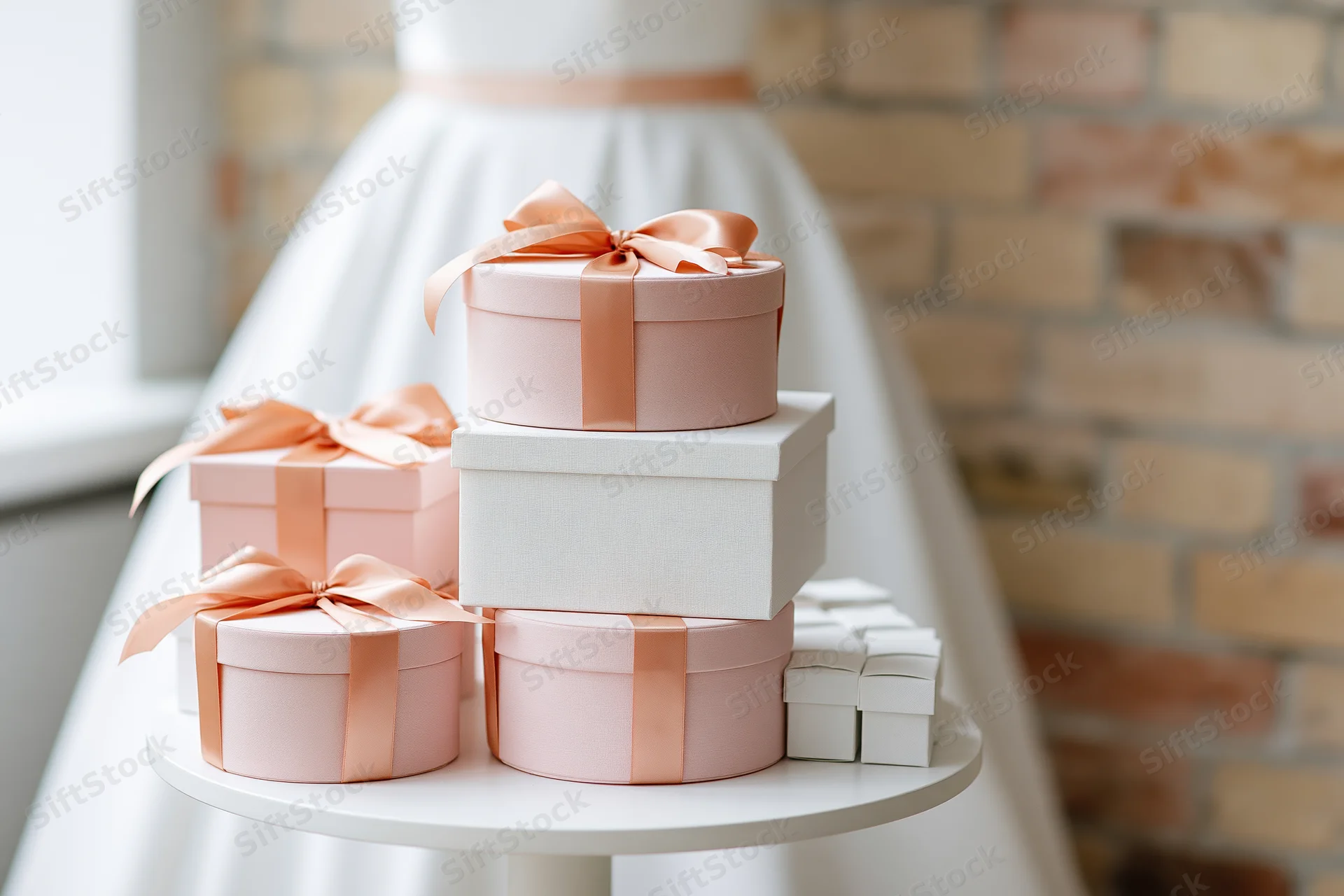 Stack of pink and white round and square gift boxes with satin ribbons on a white cake stand near a window