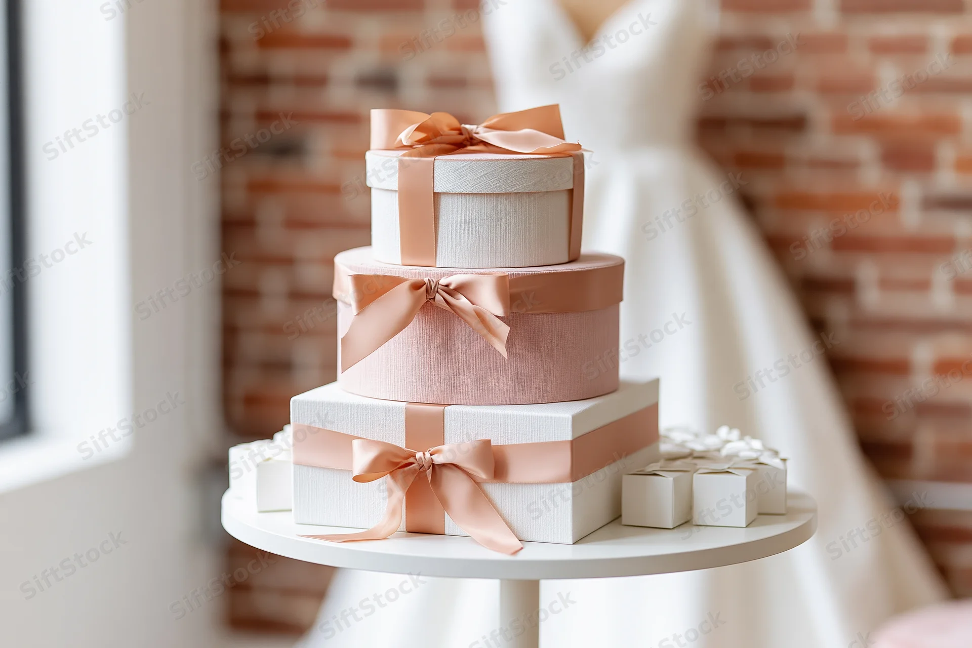 Tiered stack of blush pink and white gift boxes with ribbons on a cake stand in front of a bride in a wedding dress