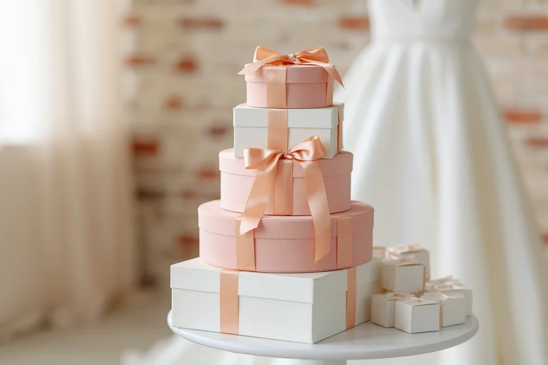 Tiered stack of pink and white gift boxes with ribbons on a stand beside a wedding dress