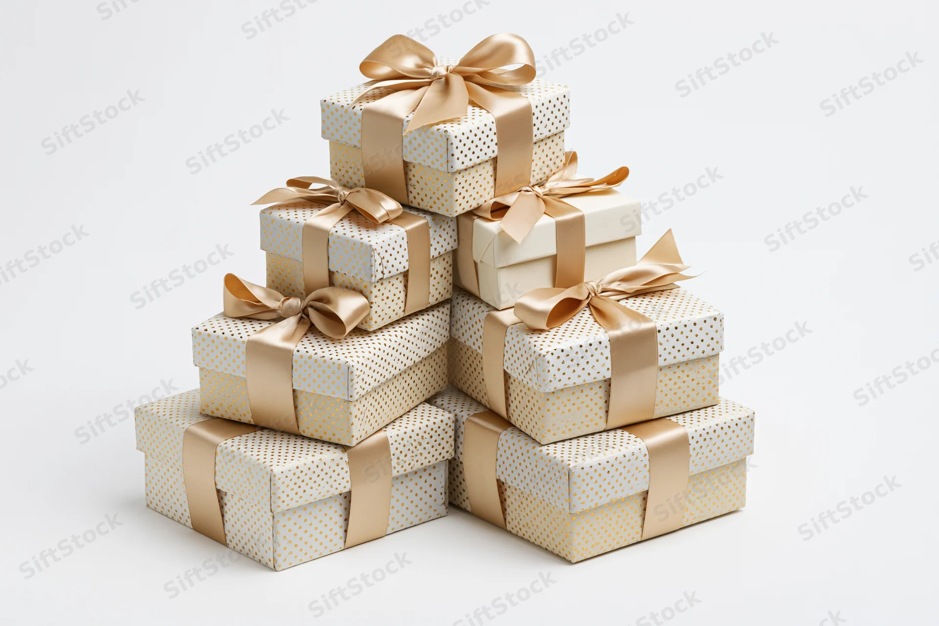 Stack of seven wrapped gift boxes arranged in a pyramid pile on white background