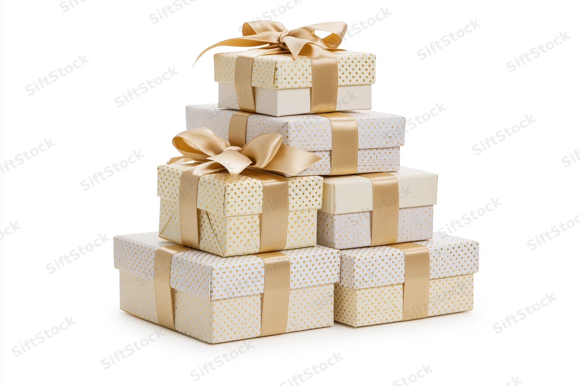 Stack of seven wrapped gift boxes arranged in pyramid pile on white background