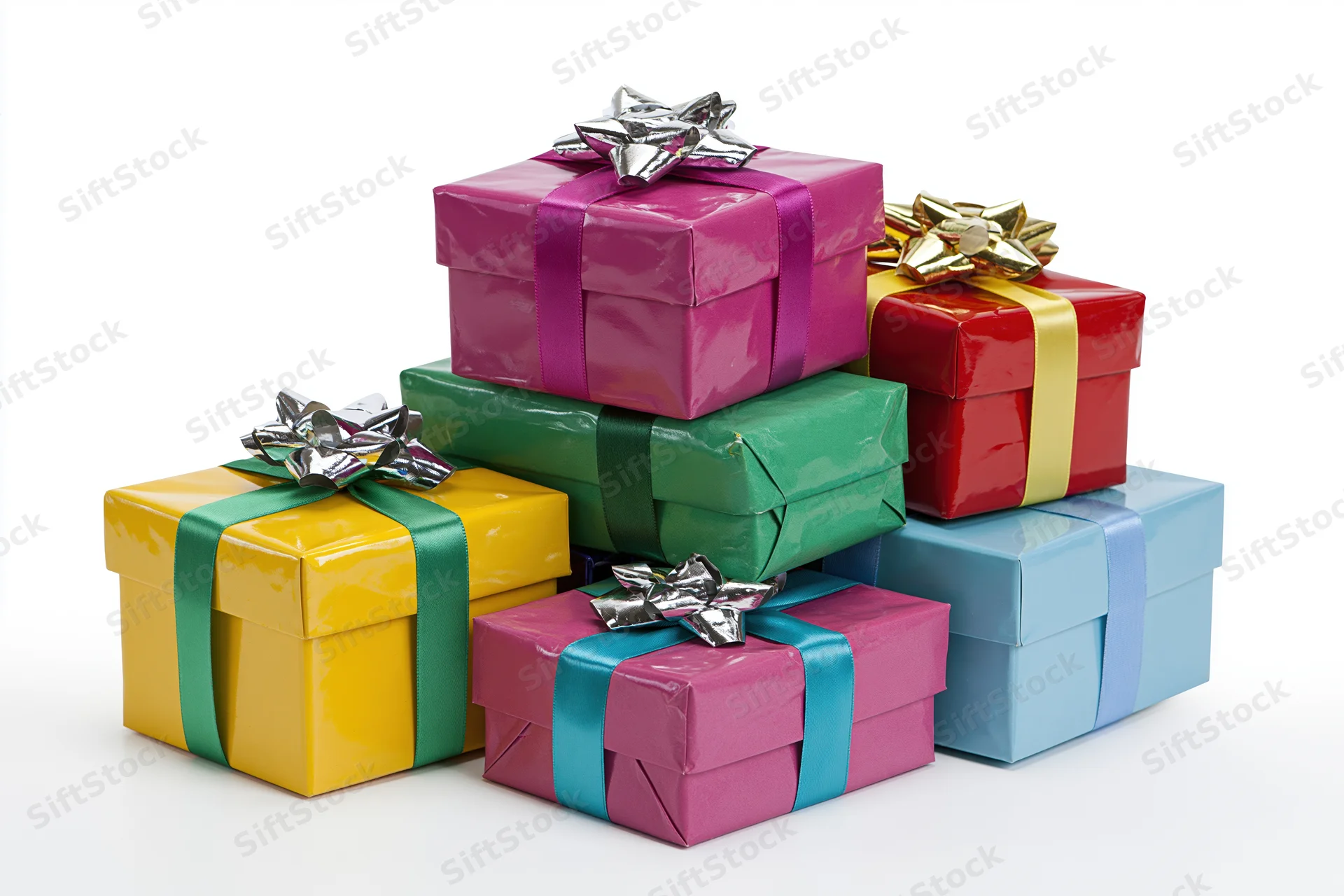 Stack of six colorful wrapped gift boxes with ribbons and bows on white background
