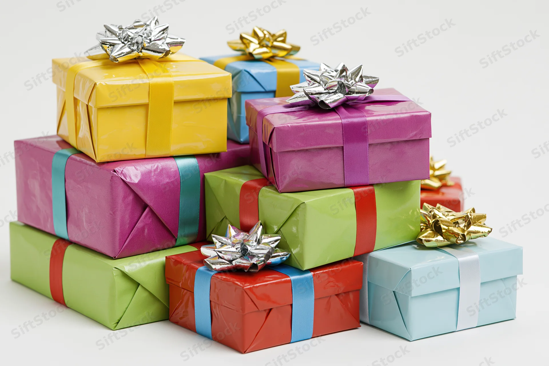 Stack of colorful wrapped gift boxes with ribbons and bows on white background