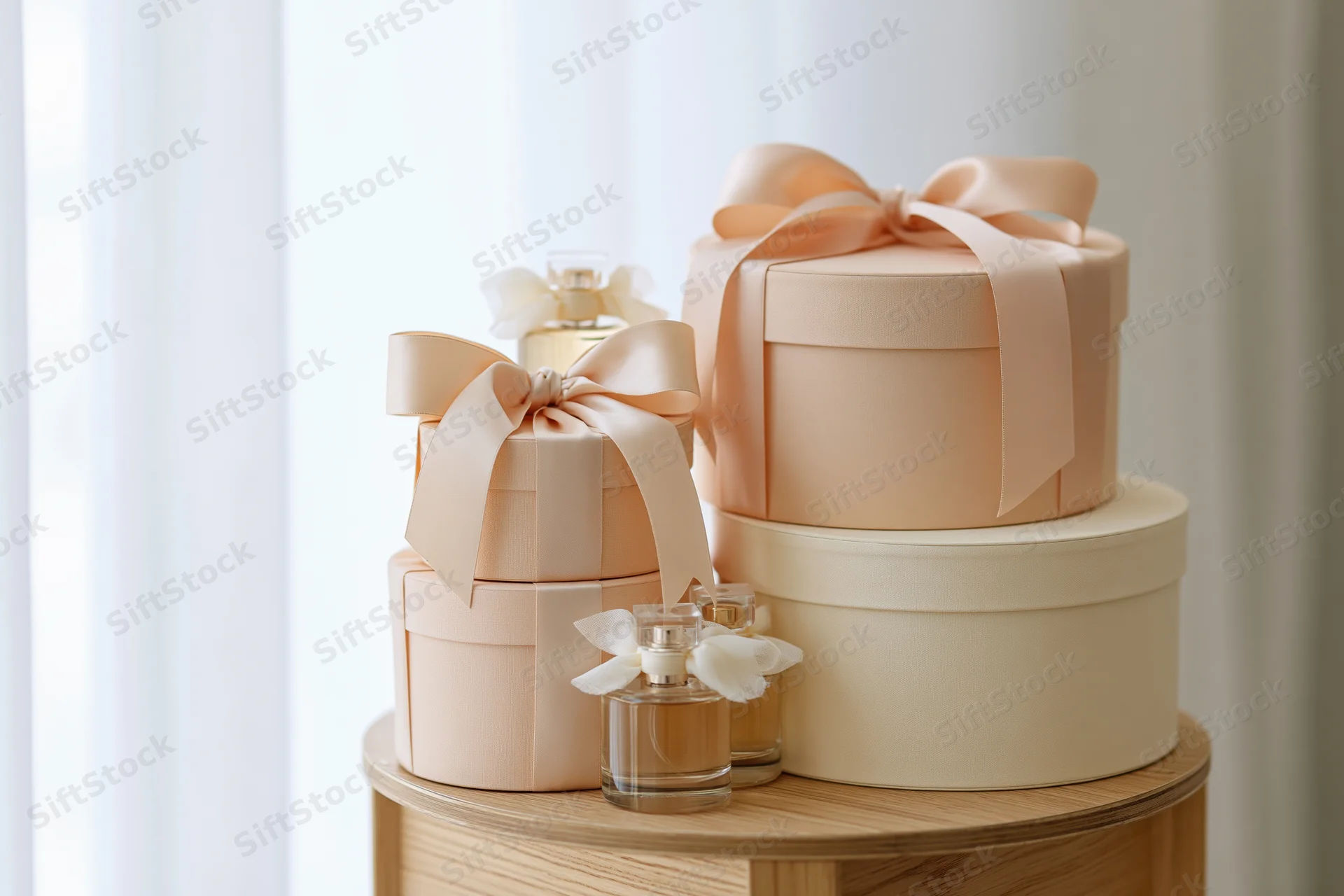 Stacked round gift boxes with satin ribbon bows and perfume bottles on wooden table near window