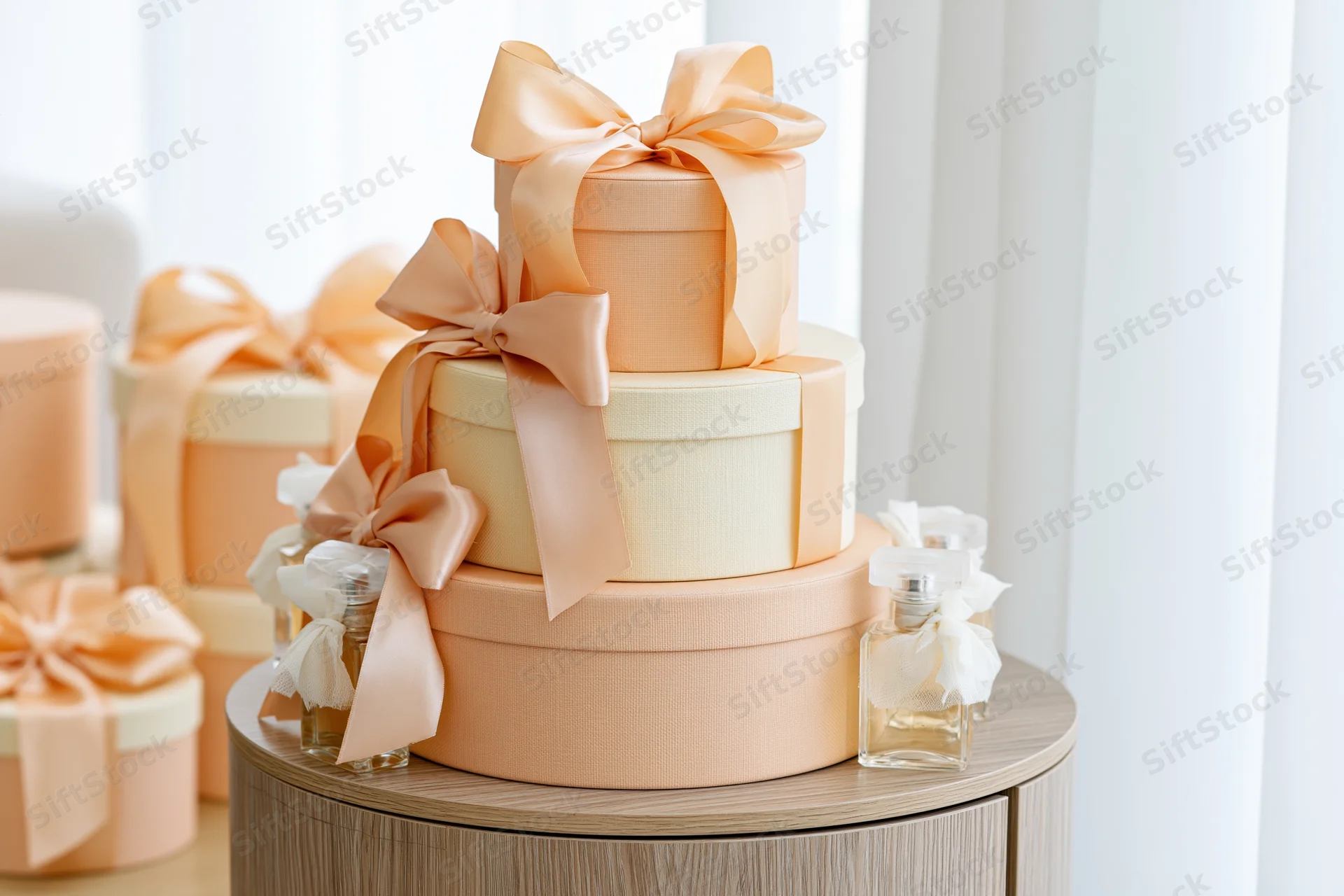 Stacked round gift boxes with satin ribbon bows and perfume bottles on a wooden table