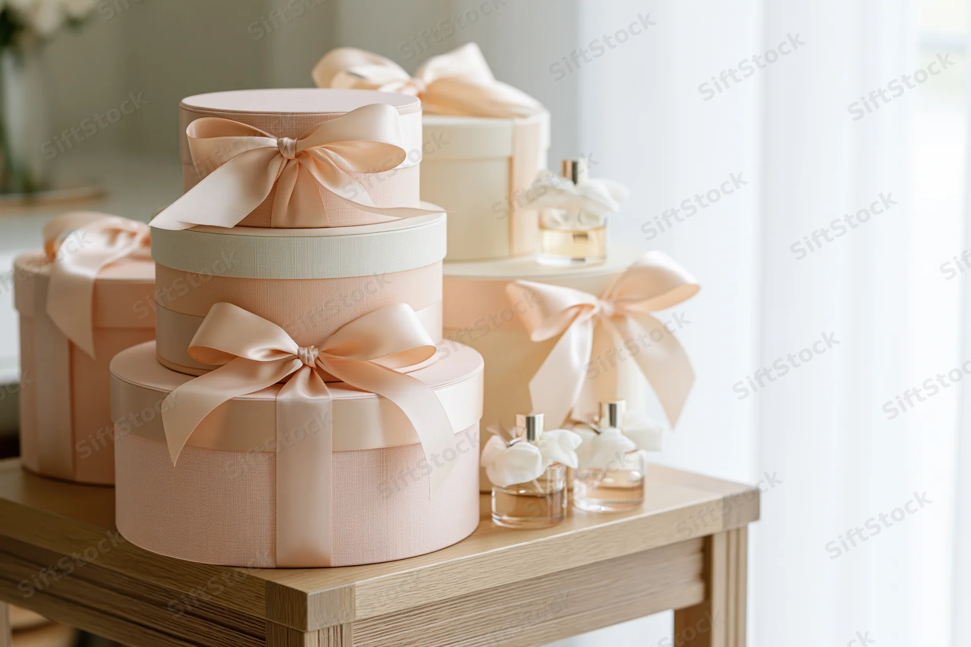 Stacked round gift boxes with satin ribbon bows and perfume bottles on a wooden table