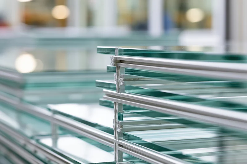 Stacked flat tempered glass sheets on aluminum spacer bars in a factory setting