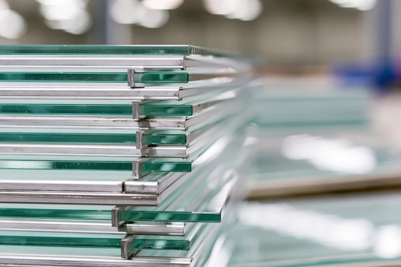 Stacked flat tempered glass sheets with aluminum spacer bars in a factory setting