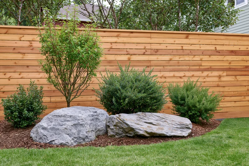 Suburban backyard garden bed with ornamental shrubs and rocks near a wooden fence