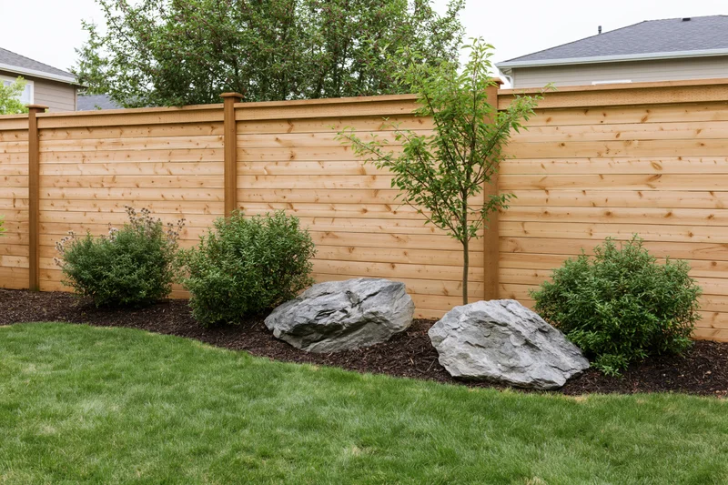 Suburban backyard garden bed with ornamental shrubs, small tree, rocks and mulch along wooden fence