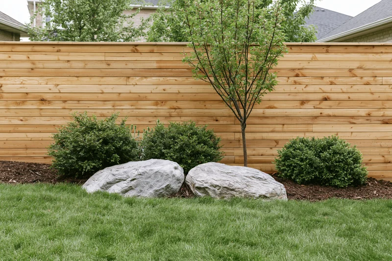 Suburban backyard garden bed with ornamental shrubs, small tree, and rocks in front of wooden fence