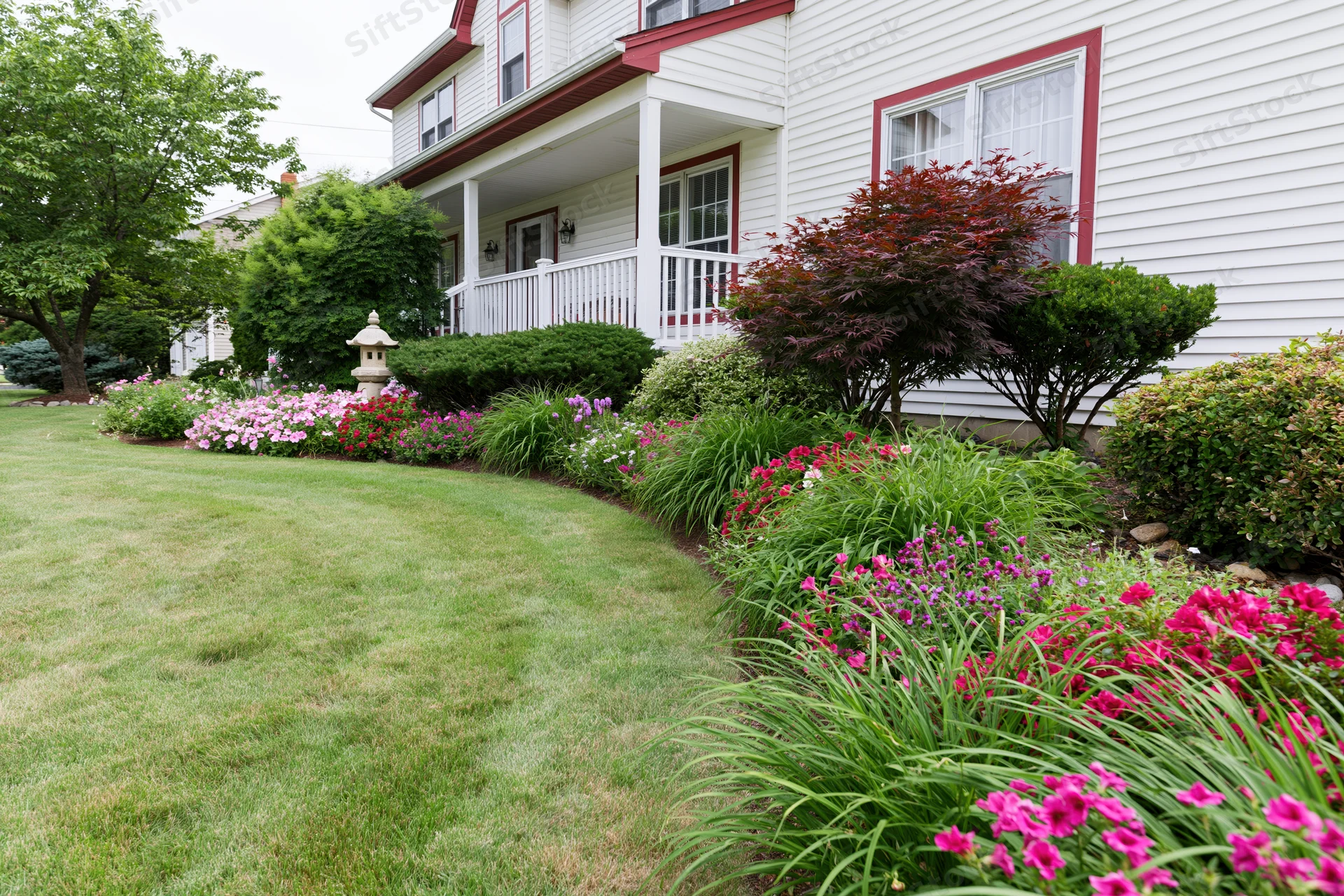 Suburban house with manicured lawn and colorful flowerbeds along the front yard