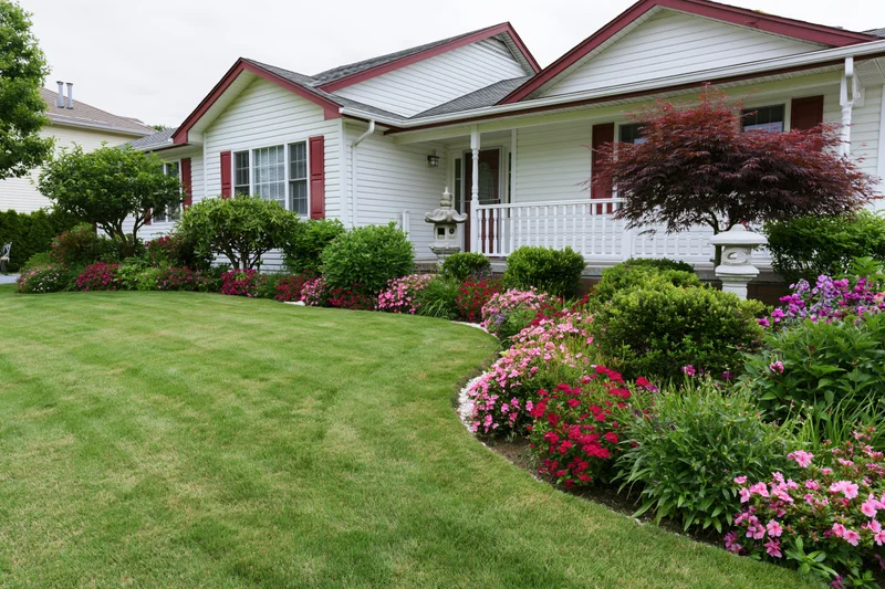 White suburban house with red trim and manicured front yard featuring green lawn, flower beds, and shrubs